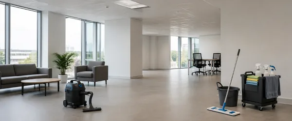 A vacuum cleaner, a bucket with a mop and a cleaning cart in a bright, open office near the sofa and an armchair, the hair accumulated between the wheels of the office chairs is removed with a hook-tipped tool during a deep cleaning.