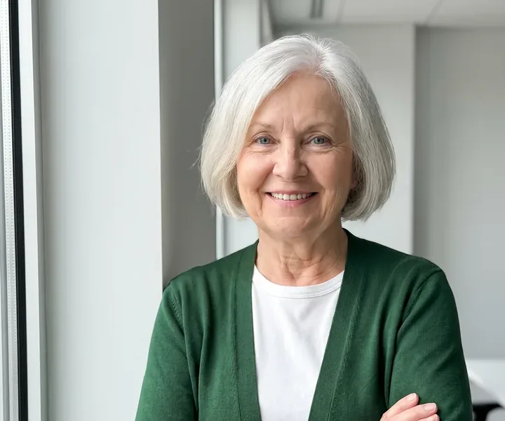 On-duty cleaner Ene Pukspuu with short silver-white hair, a green sweater and a white blouse smiles in front of the window, the on-duty cleaner sees reservations for meeting rooms and cleans the room between two meetings.