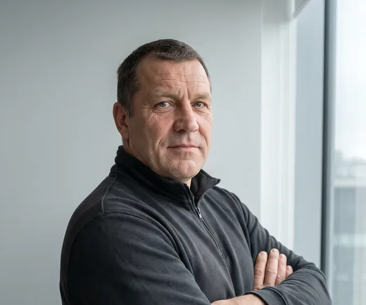 Floor maintenance senior operator Raivo Pähkel in a dark jacket with a zipper stands with his hands on his chest in front of the window, the double-sided floor machine pad is turned with the other side down after half the work.