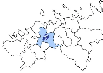 Outline diagram of Harju County with Saue municipality painted in light blue, with a cleaning icon, on the first visit to the Saue facility, each tenant's premises are re-measured.