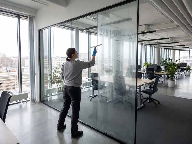 The cleaner scrapes the glass wall of the empty meeting room with a squeegee, which partly still has marker marks, and railway tracks are visible from the large windows, the glass cleaner wears nitrile gloves to avoid fingerprints on the freshly washed glass.