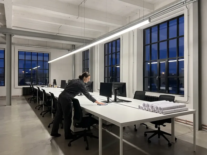 In the evening, the cleaner wipes a long white desk in the architectural office of the former factory hall, the monitors are turned off and there are drawing rollers at the end of the desk, the monitor screens are wiped only with a dry microfiber cloth.