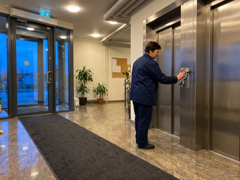 The cleaner wipes the stainless steel elevator doors and the call panel in the lobby of a commercial building with a cloth, and a long dark entrance mat runs through the glass door, the polished steel of the elevator doors is wiped in the direction of the grinding lines, so that there are no circular marks on the area.