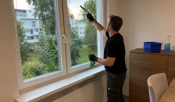 Koristaja peseb kaabitsa ja lapiga valge raamiga akent radiaatori kohal, kaabitsa kumm vahetatakse 3 kuu järel, sest kulunud serv jätab klaasile triibu.