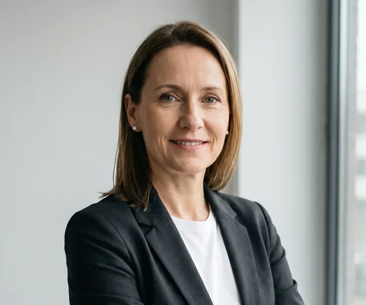 Margit Pärnaste tumehallis pintsakus ja valges pluusis naeratab heleda seina ja akna vahel, koristaja ei kasuta kliendi kööginõusid ega kohvimasinat.