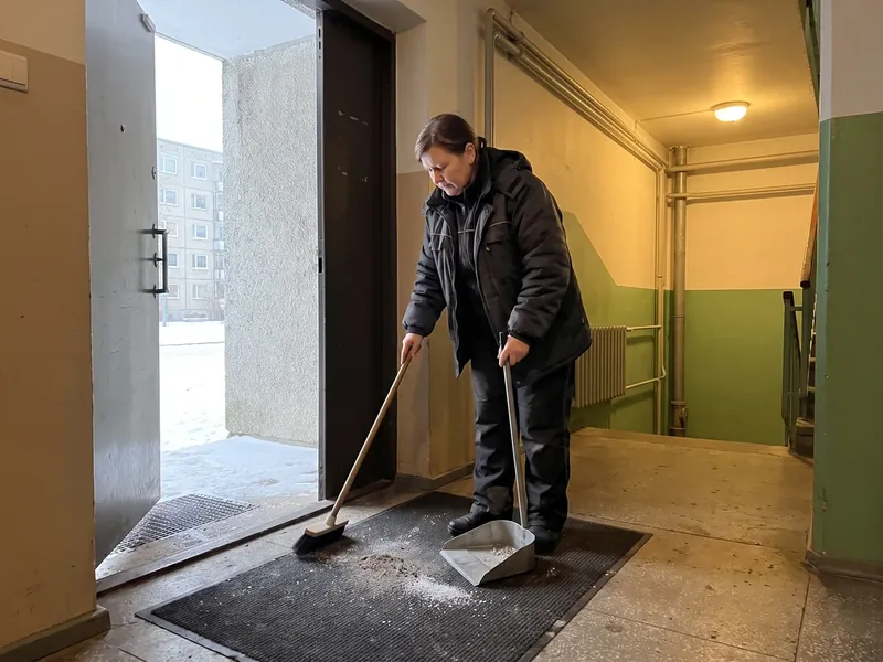 Koristaja pühib paneelmaja trepikoja sissepääsus matilt soola ja liiva kühvlisse ning välisuks on lahti lumise õue poole, kokku pühitud sool ja liiv viiakse prügikonteinerisse, mitte välisukse taha tagasi.