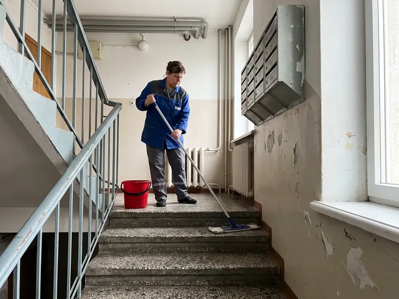 Koristaja sinises tööjakis peseb lamemopiga paneelmaja trepimademe mosaiikbetooni, mademel on punane ämber ja seinal postkastide rida, koristaja ei ava trepikoja välisust võõrastele.